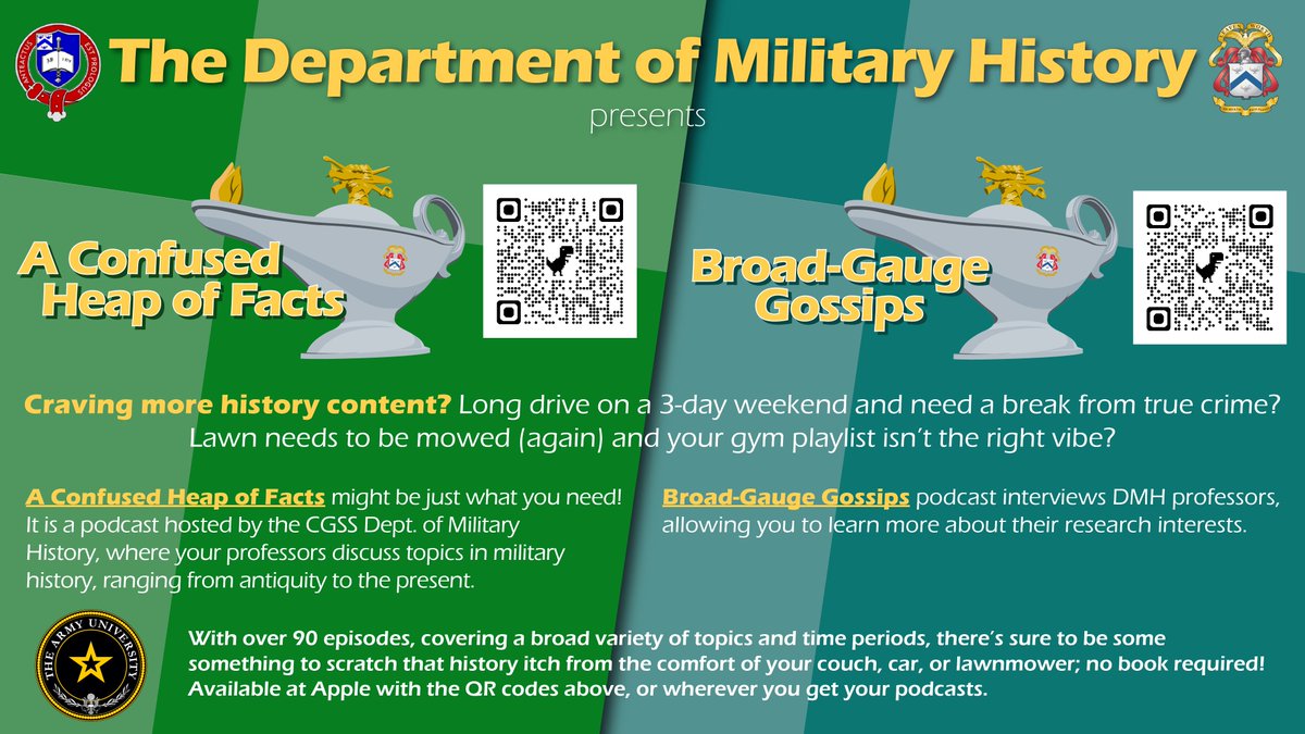 Are you craving more history content? Long drive on a 3-day weekend &amp; need a break from true crime? The lawn needs to be mowed (again), or your gym playlist isn’t the right vibe? Look into @DMH_at_CGSC’s podcasts “A Confused Heap of Facts” &amp; “Broad-Gauge Gossips.” #EducateToWin