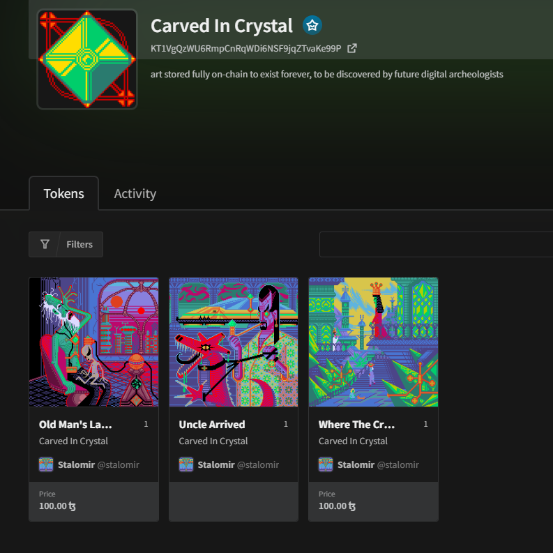 Stalomir's tweet image. CARVDED IN CRYSTAL
my Fully On-Chain collection made with #ZeroContract

3 works minted so far, 1 sold. Cooking next ones.

This is my main focus now. To check how much I can do within 24kb limit.
🔽