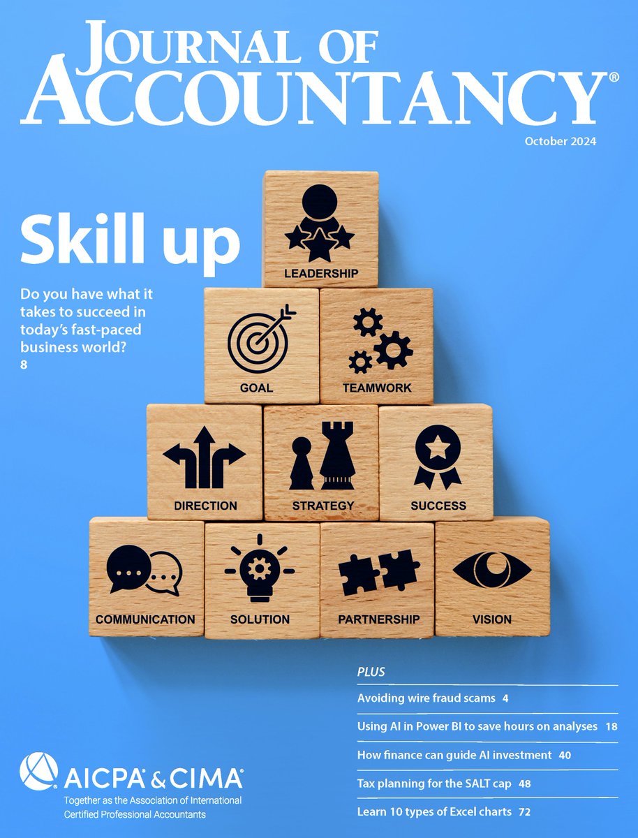AICPA's tweet photo. What skills are most crucial for CPAs in business and industry? How can you save hours on data analytics using AI? What 4 cool Windows 11 features and 10 types of Excel charts should you know? Find out in the October @aicpa_JofA. It’s live now! https://t.co/FrVBjlcUGI https://t.co/5ruHICe4zh