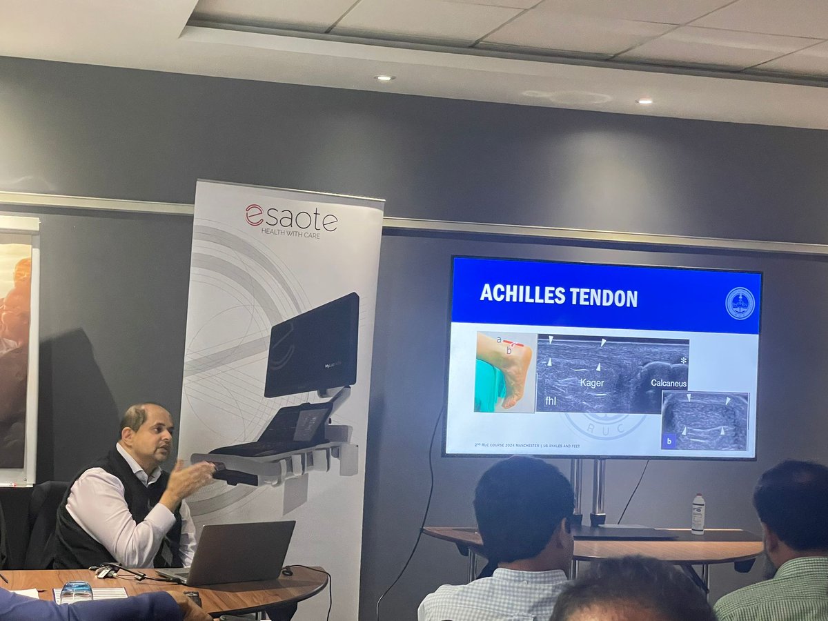 DrQasimAkram's tweet photo. Dr. Chitale talk on ankle and foot anatomy, followed by a great demo of systematic ultrasound. Focus on medial, peroneal tendons, and a relaxed Achilles for enthesitis check. Small group practicals ongoing!. #rheumuscourse #learnfromexperts #leadingthefield #bestpractice https://t.co/yWix2EWWtd