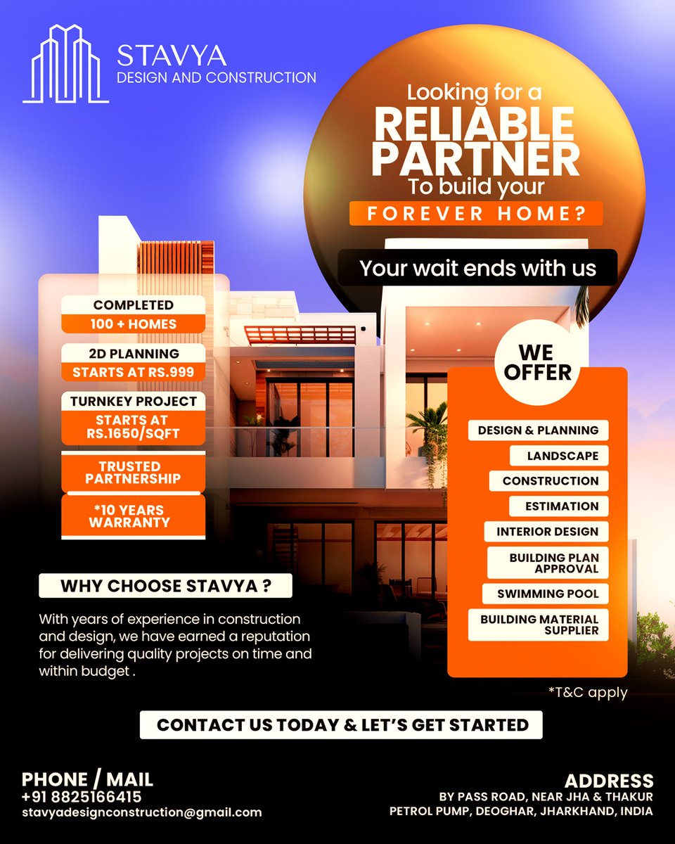 StavyaDesign's tweet image. Are You Looking for a reliable partner to build your forever home?

At Stavya Design and Construction, our experts will work closely with you to bring your vision to life, ensuring every detail reflects your style and preferences.

Contact us: +91 8825166415

#Construction
