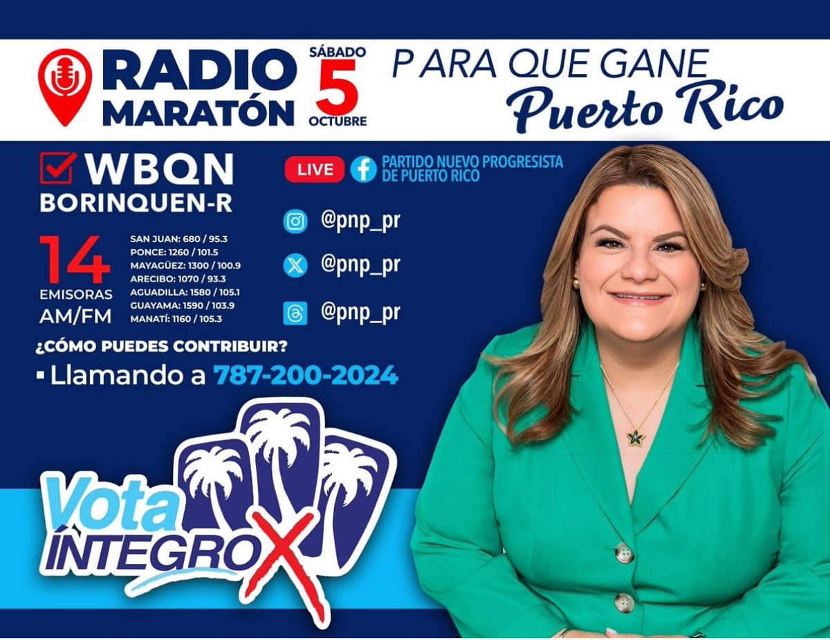 JGO_2024's tweet photo. Disfruta hoy del Radio Maratón en los 78 pueblos a través de nuestra transmisión en vivo por Borinquen Radio 680 AM, en sus 14 emisoras y en Facebook Live del @pnp_pr .
https://t.co/xRsbYvVPU0
#Contribuye #VotaÍntegro #ParaQueGanePuertoRico https://t.co/9otUCaYK4y