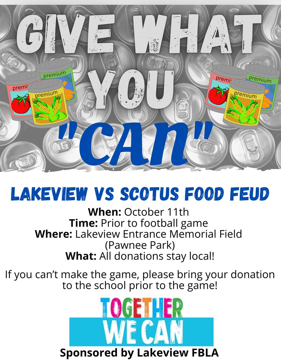 Please consider bringing a can or cash donation to the football game on Friday to support this challenge and help the community! Meet us at the LV entrance or drop it off at school this week. Every can counts!