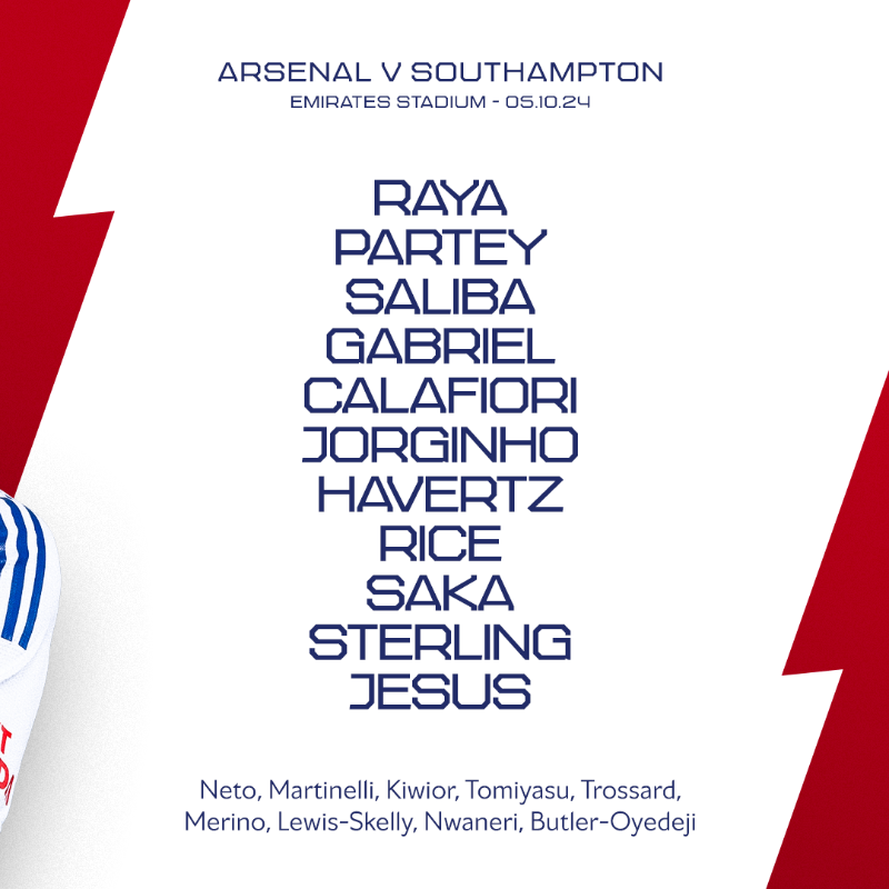 Arsenal's tweet photo. 🔴 𝗧𝗘𝗔𝗠𝙉𝙀𝙒𝙎 ⚪️

👊 Gabriel at the back
☑️ Sterling’s first PL start 
⚡ Jesus leads the line

Let’s take it to the next level, Gunners!