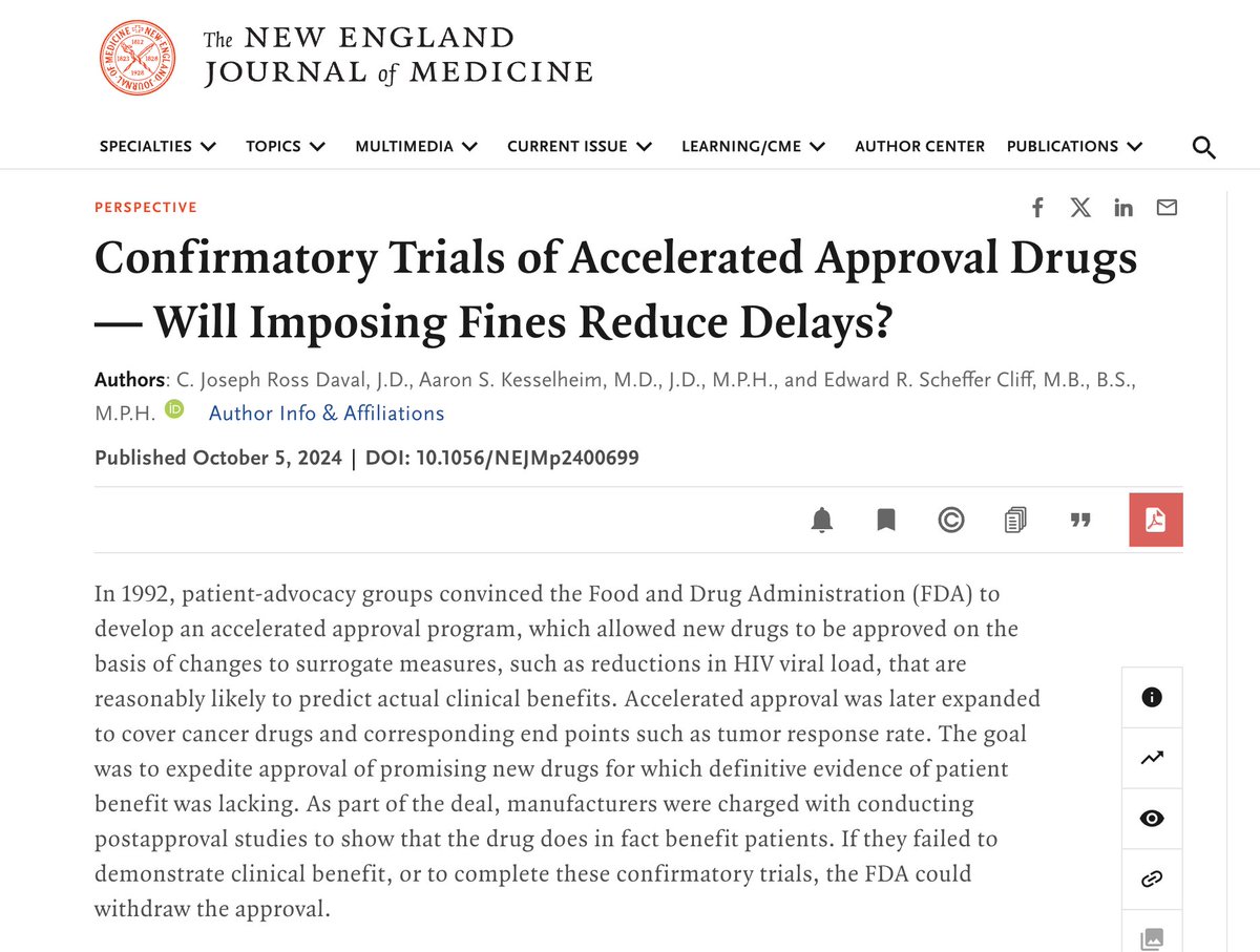 Just out <a href="/NEJM/">NEJM</a>, <a href="/DavalJoseph/">Joseph Daval</a> <a href="/akesselheim/">Aaron Kesselheim</a> &amp; I discuss strategies to reduce already-delayed confirmatory trials for accelerated approval drugs.

In particular we ask: should the FDA use fines to encourage timely trial completion?

nejm.org.acs.hcn.com.au/doi/full/10.10… #medtwitter