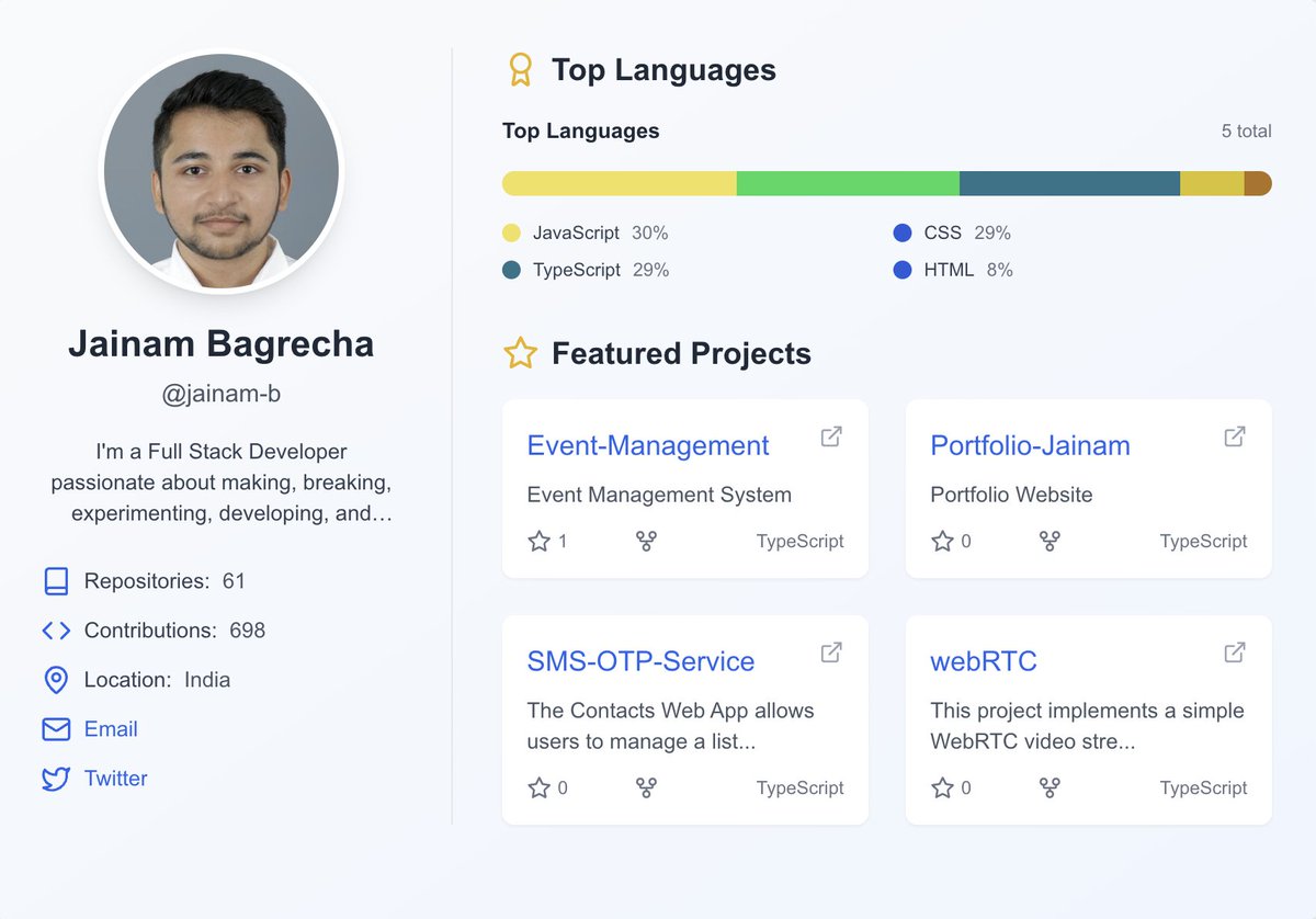 Jainambagr67095's tweet image. 🚀 Just launched a new GitHub Profile Fetcher app built with Next.js! 🎉 It lets you easily search for any GitHub user, view top languages, contributions, pinned repos, and more. Check it out and fetch your profile now! 🔗 #NextJS #GitHubAPI #webdevelopment #opensource #React