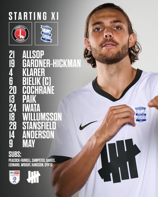 Blues team to play Charlton Allsop Gardner-Hickman Klarer Bielik Captain Cochrane Paik Iwata Willumsson Stansfield Anderson May Subs Peacock-Farrell Sampsted Davies Leonard Wright Hansson Dykes