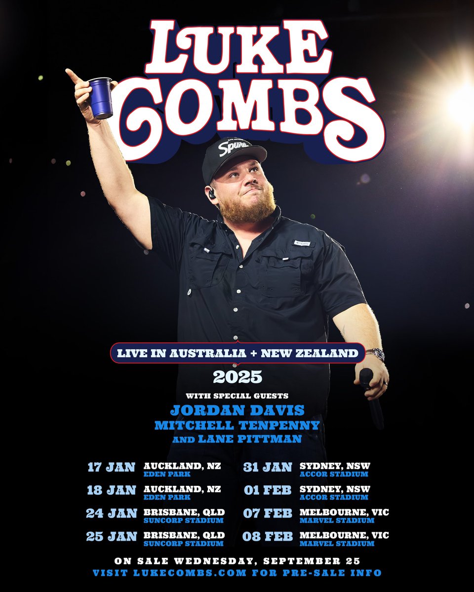 Australia and New Zealand, I told you I would be back, and I’m coming back Down Under this January and February to kick off 2025.

4 cities. 4 stadiums. 8 shows.

Tickets on sale next Wednesday, September 25, but pre-sale starts Monday, September 23.

Inbox ME Here!!