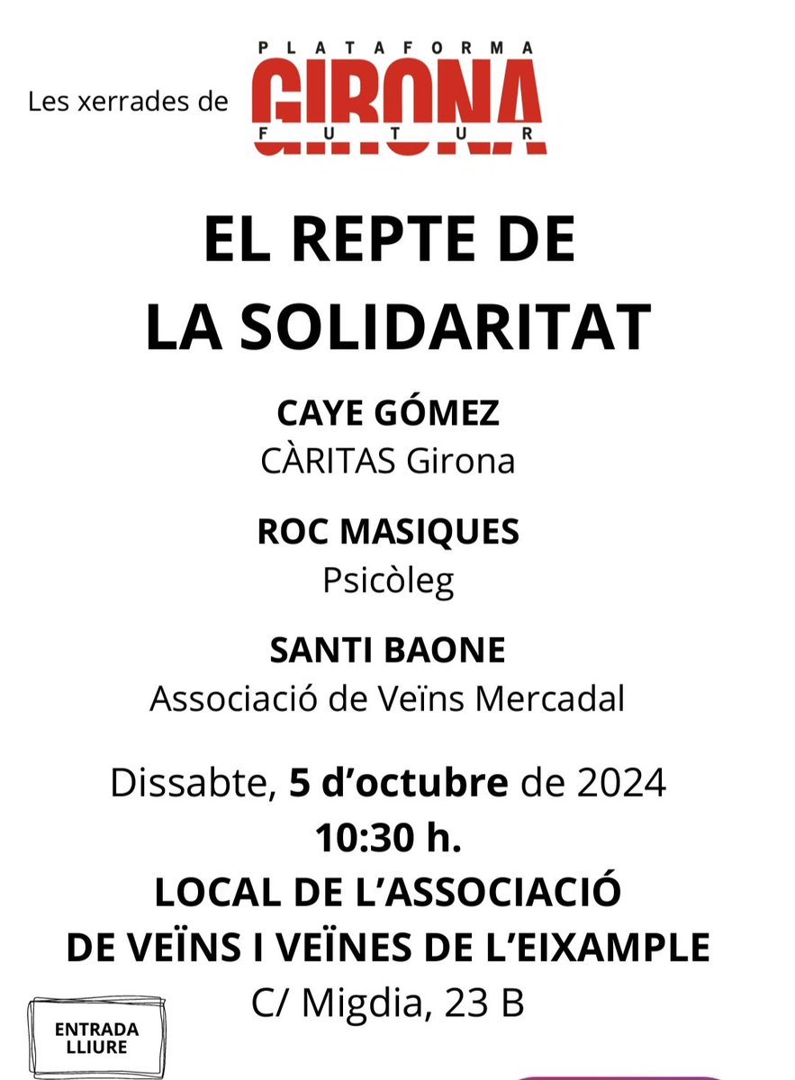 Amelia Barbero (@melibarberor) on Twitter photo Avui, em parlat de q en la lluita contra la desigualtat i les situacions extremes calen sempre recursos públics però una estructura comunitària és imprescindible, també, per articular una resposta solidària col·lectiva. Sí!!
Gràcies <a href="/gironafutur/">Girona Futur</a> per organitzar aquesta xerrada Avui, em parlat de q en la lluita contra la desigualtat i les situacions extremes calen sempre recursos públics però una estructura comunitària és imprescindible, també, per articular una resposta solidària col·lectiva. Sí!!
Gràcies <a href="/gironafutur/">Girona Futur</a> per organitzar aquesta xerrada