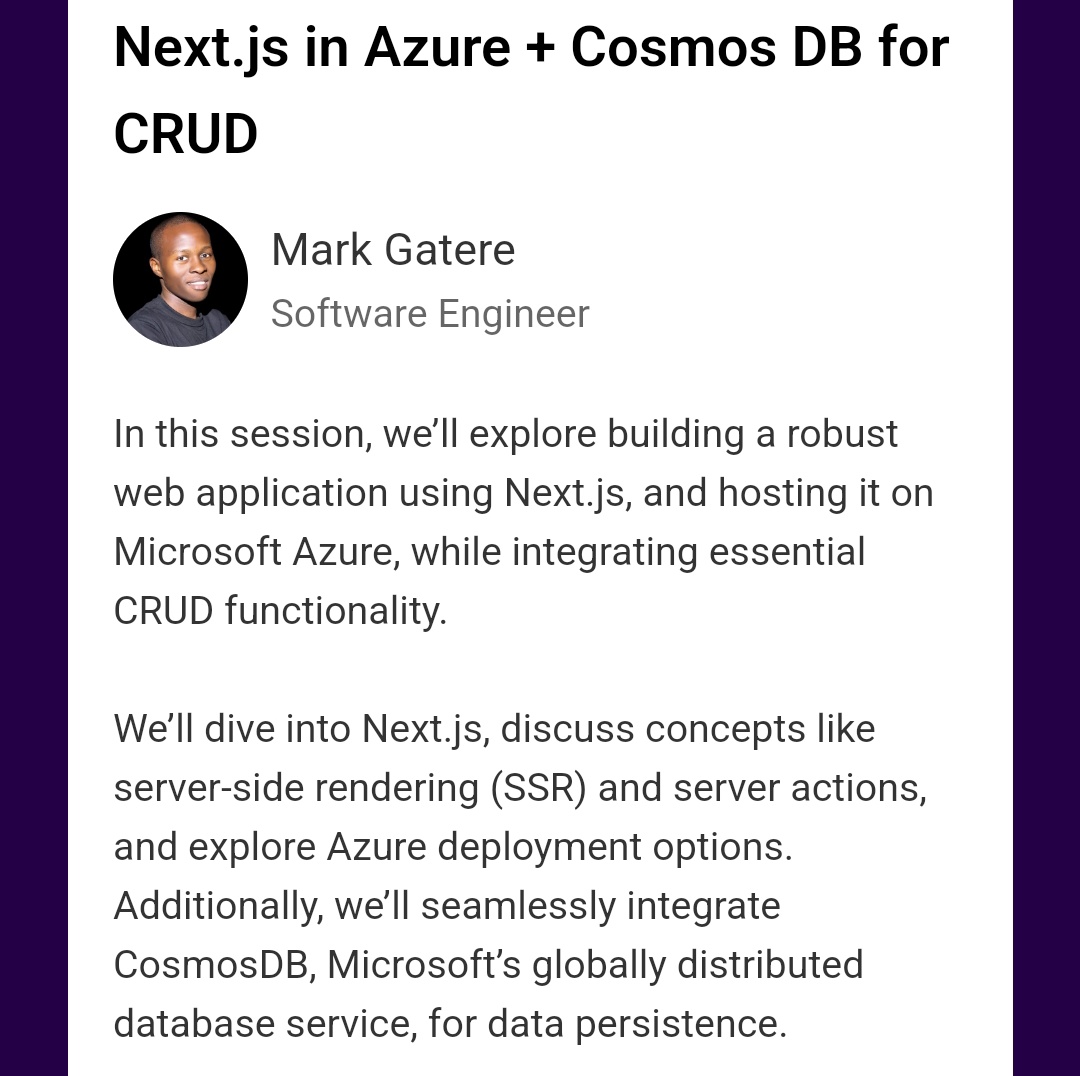 mohamedbakuly's tweet photo. Microsoft Azure + Cosmos DB in Next.js-----Talk by @gatere_mark
With a special give-way
(LinkedIn premium) from Microsoft.
#RenderConKe2024 #ReactDevsKe #RenderCon https://t.co/Xt4cIH7tsY