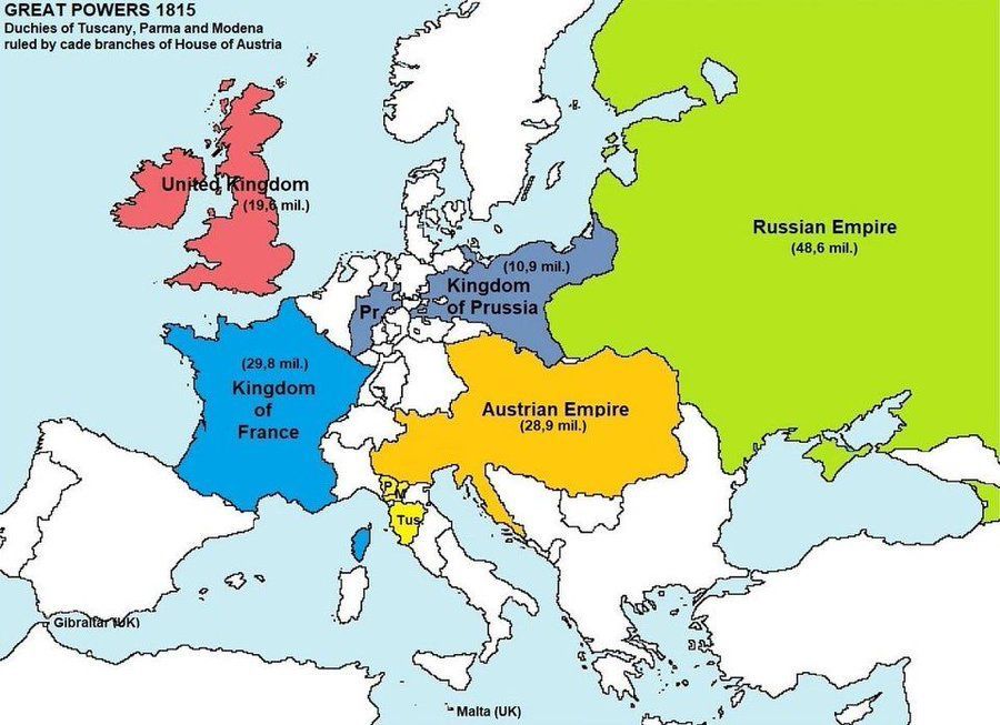 Map shows the five European Great Powers and their population in 1815 after Congress of Vienna. 

Map Source: buff.ly/2ZOt04m
Wikipedia on the Congress of Vienna: buff.ly/36Movc8