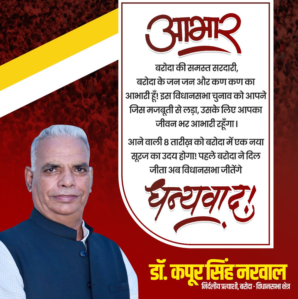 बरोदा की समस्त सरदारी, बरोदा के जन जन और कण कण का आभारी हूँ! इस विधानसभा चुनाव को आपने जिस मजबूती से लड़ा, उसके लिए आपका जीवन भर आभारी रहूँगा 

आने वाली 8 तारीख़ को बरोदा में एक नया सूरज का उदय होगा! पहले बरोदा ने दिल जीता अब विधानसभा जीतेंगे 

धन्यवाद बरोदा