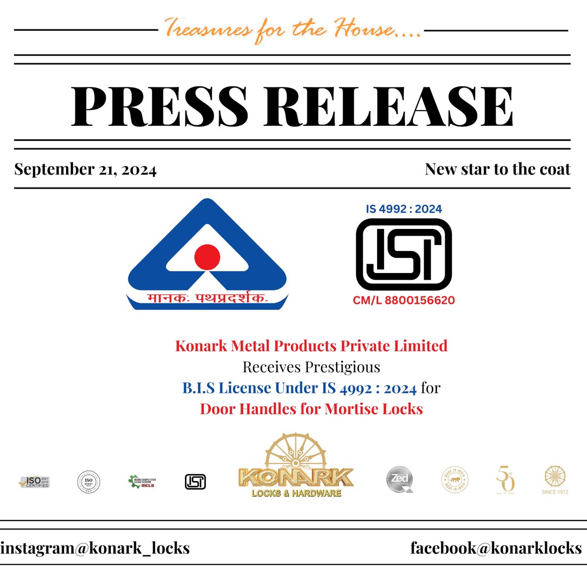 HardwareSamachr's tweet image. 𝐊𝐨𝐧𝐚𝐫𝐤 𝐋𝐨𝐜𝐤𝐬 &amp;amp; 𝐇𝐚𝐫𝐝𝐰𝐚𝐫𝐞– minimalism, luxury and security in one. Now 𝐁𝐈𝐒 𝟒𝟗𝟗𝟐:𝟐𝟎𝟐𝟒 𝐂𝐄𝐑𝐓𝐈𝐅𝐈𝐄𝐃. Patented designs and flawless finishes for your home.
 📱 WhatsApp: bit.ly/9354983351
 📧 info@konarklocks.com
#KonarkLocks #KonarkHardware