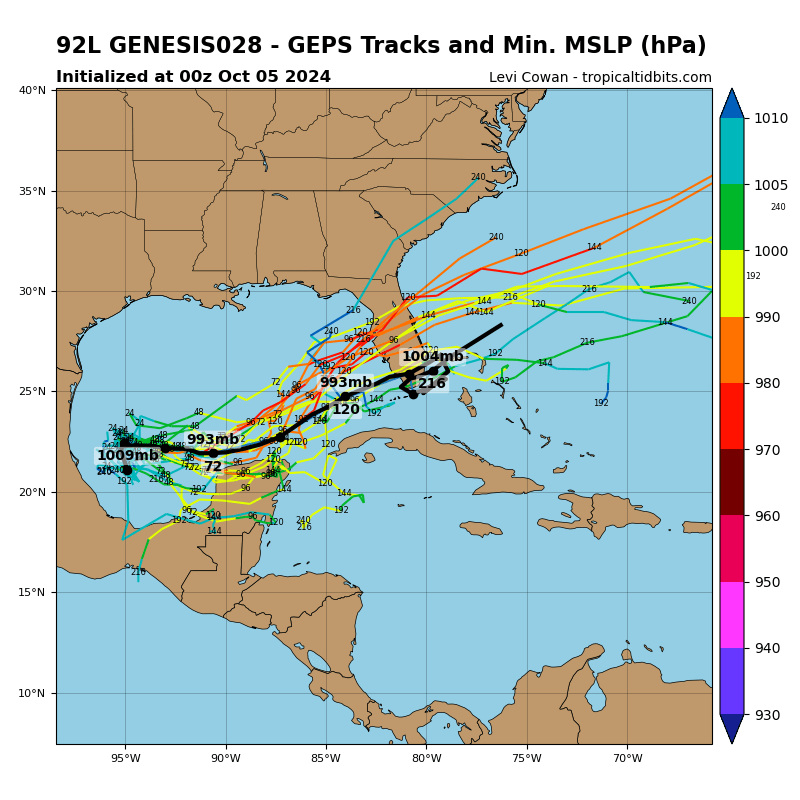 CraigSetzer's tweet photo. Saturday morning finds the disturbance in the southwest Gulf of Mexico becoming far better organized overnight and computer models locking into a more consolidated solution.  Unfortunately, that solution looks to have potentially significant impacts for Florida.
The models are in good agreement the disturbance strengthens and moves east reaching Florida by midweek.
The models also indicate the possibility of a strong hurricane by the time it reaches Florida.