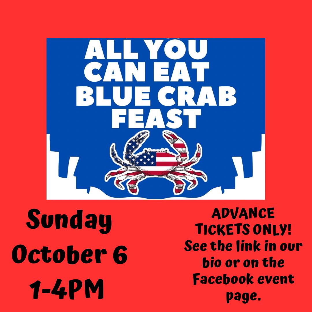 This Sunday, 10/6, 1-4PM
All You Can Eat Crab Feast at Tin Cannon (ft. crabs and shrimp from Out of the Blue! 
Advance tickets here: exploretock.com/out-of-the-blu…