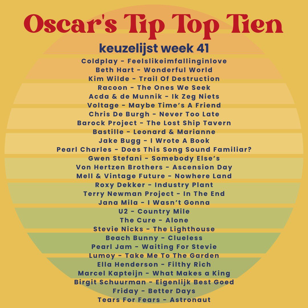 Oscar’s Tip Top Tien (@tiposcar) on Twitter photo Week 41 - Oscars Tip Top Tien
A new week,so new chances to vote for your favorite tracks
You can vote here: linktr.ee/oscarTTT
<a href="/vonhertzenbros/">Von Hertzen Brothers</a> <a href="/mellmusictwit/">MELL VF ♪</a> <a href="/PearlJam/">Pearl Jam</a> <a href="/U2/">U2</a> <a href="/thecure/">The Cure</a> <a href="/StevieNicks/">Stevie Nicks</a> <a href="/BeachBunnyMusic/">Beach Bunny</a> <a href="/janamilamusic/">Jana Mila</a> <a href="/EllaHenderson/">Ella Henderson</a> <a href="/SchuurmanBirgit/">Birgit Schuurman</a> <a href="/tearsforfears/">Tears for Fears</a> Week 41 - Oscars Tip Top Tien
A new week,so new chances to vote for your favorite tracks
You can vote here: linktr.ee/oscarTTT
<a href="/vonhertzenbros/">Von Hertzen Brothers</a> <a href="/mellmusictwit/">MELL VF ♪</a> <a href="/PearlJam/">Pearl Jam</a> <a href="/U2/">U2</a> <a href="/thecure/">The Cure</a> <a href="/StevieNicks/">Stevie Nicks</a> <a href="/BeachBunnyMusic/">Beach Bunny</a> <a href="/janamilamusic/">Jana Mila</a> <a href="/EllaHenderson/">Ella Henderson</a> <a href="/SchuurmanBirgit/">Birgit Schuurman</a> <a href="/tearsforfears/">Tears for Fears</a>