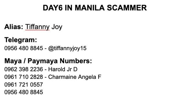 DAY6Philippines's tweet photo. [DAY6 Forever Young in Manila]

❗️ SCAMMER
❗️Do not transact

Alias: Tiffanny Joy
@tiffannyph
@DAY6PH @lingormmanila
@PHDAY6
@day6isLYF
@andreamaeRV
@EnhypenArvi

The scammer uses different numbers to scam. See details:
https://t.co/gw1vZLS1ac

#DAY6_3RD_WORLDTOUR #Forever_Young https://t.co/g4F7JQiCSN
