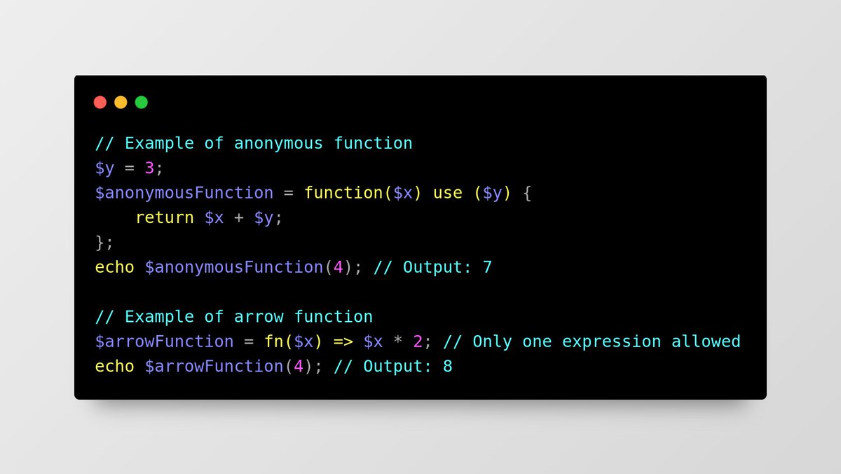 codefern's tweet image. 🚀 In PHP, use fn (Arrow Functions) for simple, single-line functions with automatic scope access and concise syntax. Use function (Anonymous Functions) for more complex logic with multiple statements.
#php #CleanCode #CodeOptimization