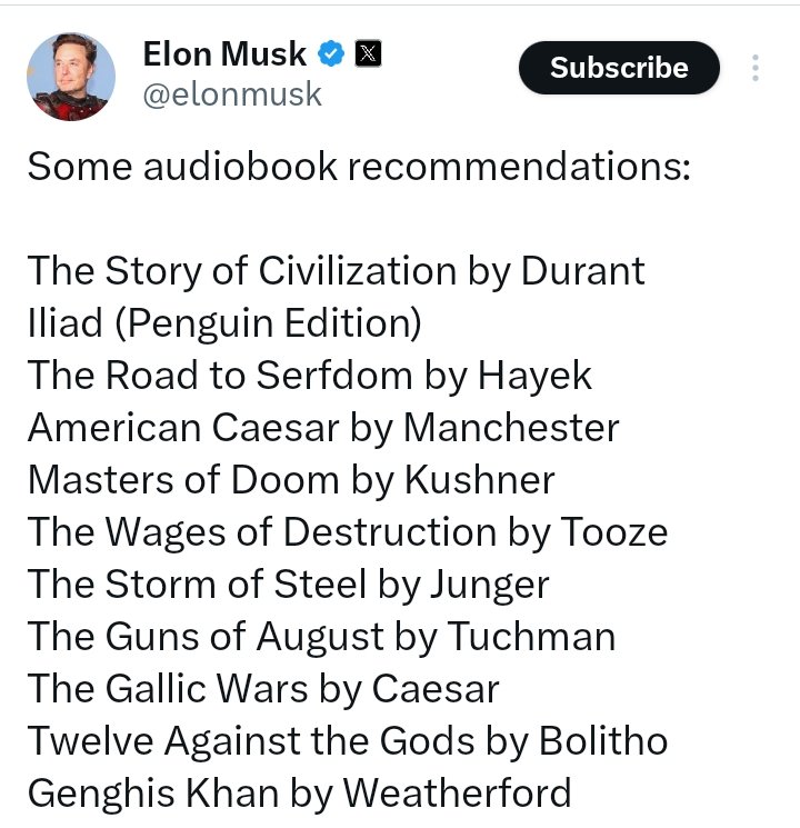 Powerofbooks3's tweet image. Audiobooks Recommended By Elon Musk