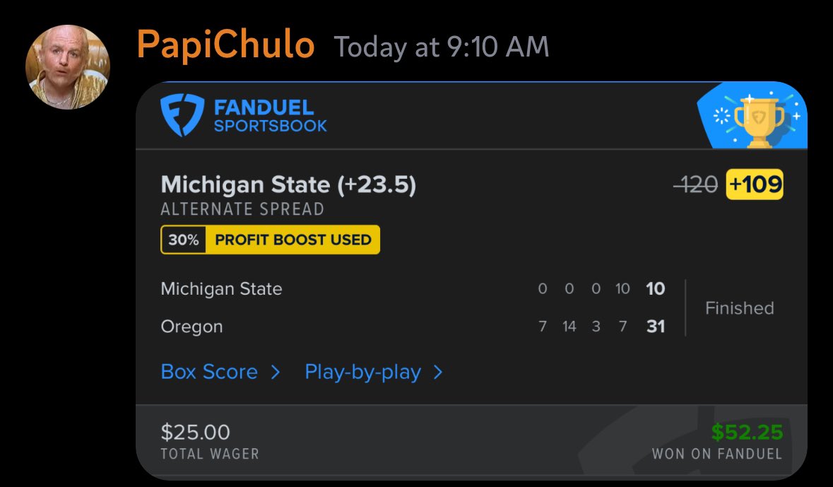 thebilliespot's tweet image. PapiChulo put one play out yesterday and managed to snipe that 🎯 

this squad is on some shit 🔥 

#GamblingTwitter #GamblingX #Fanduel #SportsBettingX #sportsbetting #freepick
