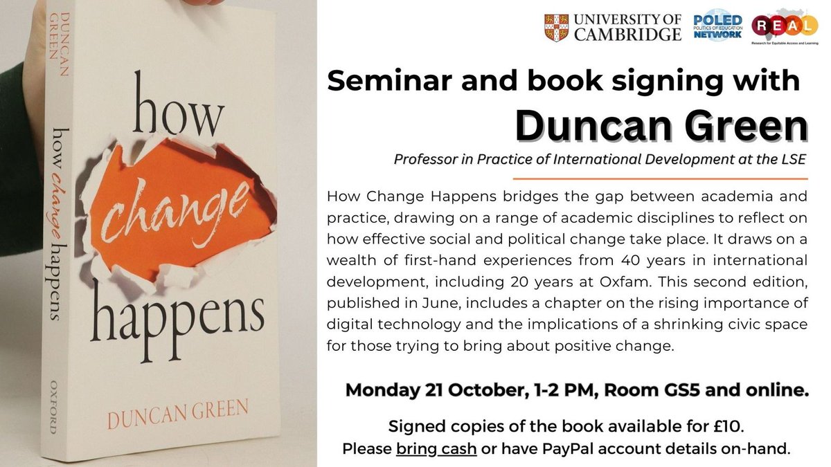 The Politics of Education Network (POLED) (@polednetwork) on Twitter photo Delighted to announce Duncan Green (<a href="/fp2p/">duncangreenlse.bsky.social</a>) as the 1st speaker for our new seminar series titled: The Role of Coalitions in Transforming Education Systems. He will also be signing copies of his book "How Change Happens" immediately after. Register here: shorturl.at/7VJ79 Delighted to announce Duncan Green (<a href="/fp2p/">duncangreenlse.bsky.social</a>) as the 1st speaker for our new seminar series titled: The Role of Coalitions in Transforming Education Systems. He will also be signing copies of his book "How Change Happens" immediately after. Register here: shorturl.at/7VJ79