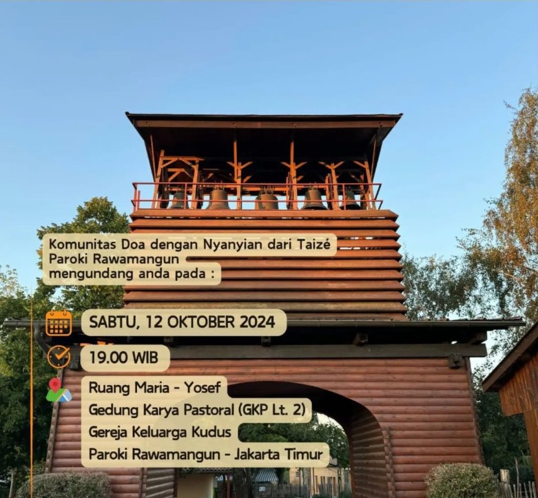 keluargakudus's tweet photo. Komunitas Doa dengan Nyanyian dari Taize Paroki Rawamangun mengundang Bapak/Ibu/Saudara/i dalam Ibadat Malam

Sabtu, 12 Oktober 2024 pk 19.00 WIB di Ruang Maria Yosef, GKP lantai 2

#taizé #together #togetherindonesia #synod #sinode #parokirawamangun #gerejakeluargakudus https://t.co/ZrBT4RctHn