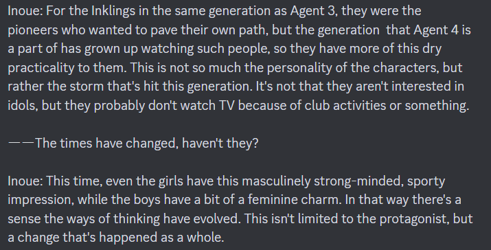 Excerpt from a developer interview in a rare issue of Nintendo Dream from October 2017. Talks about the kind of place Agent 4 came from, and the differences in the ways of thinking between the youth of agent 3's time and agent 4's time.