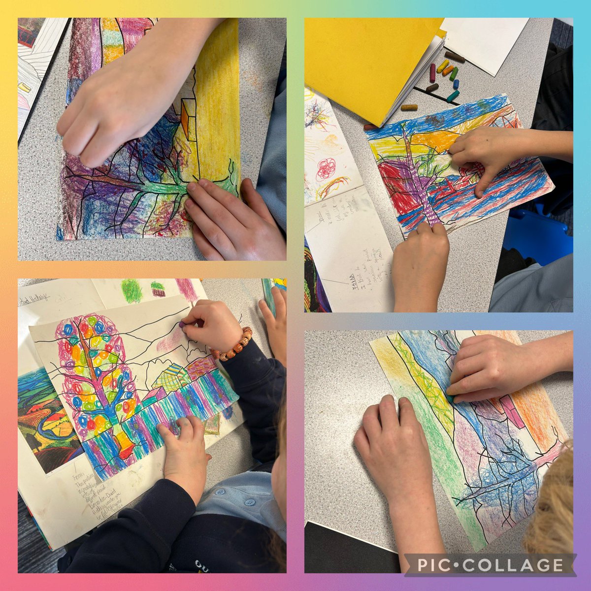 belindajohn71's tweet photo. Experimenting with colour and textured effects with @MrC_Year5 being inspired by Hockney style of questioning colour theory and perspective @OURLADYSASPULL #oilpastels #colours #contrasting #complementary #textures #landscapes https://t.co/7VHpbmb0sy