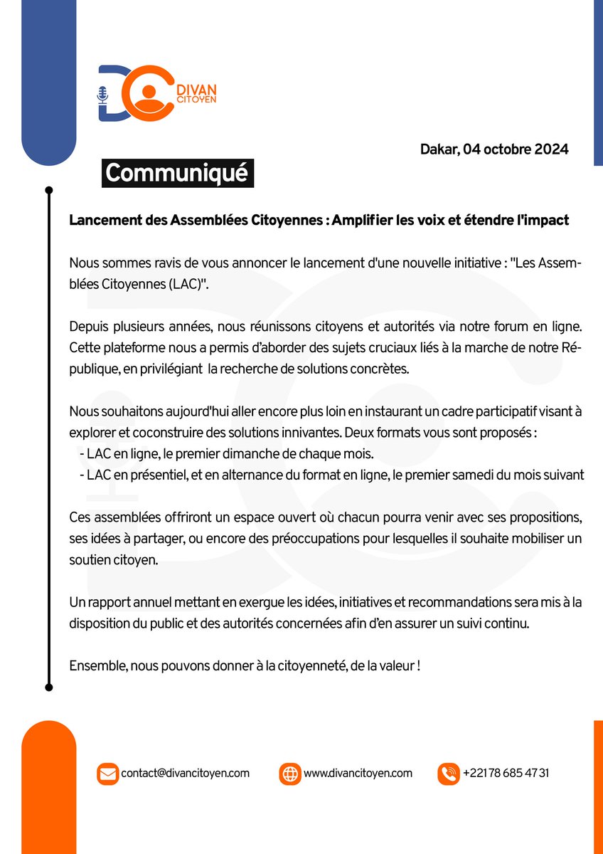 Chère communauté, 

Du nouveau !! 

Les Assemblées Citoyennes arrivent pour amplifier nos voix et nos impacts

Dès ce dimanche 6 octobre 2024

(communiqué)