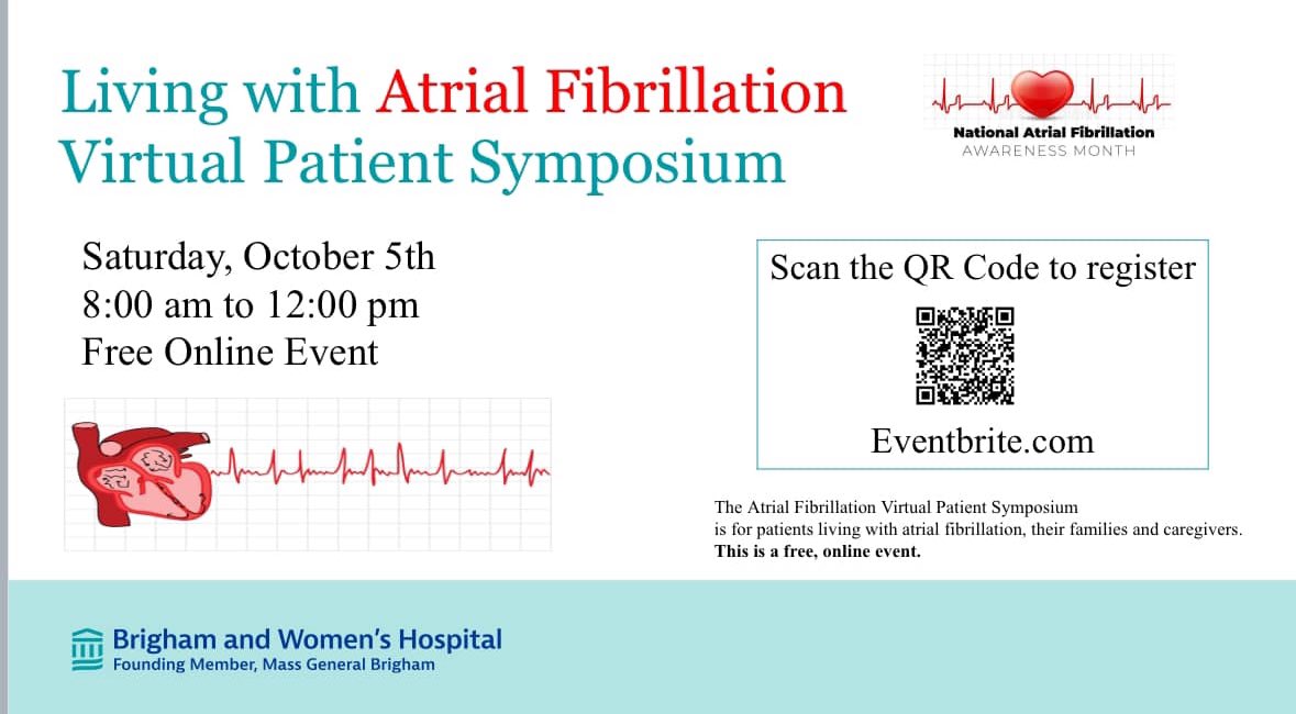 Ariat104's tweet photo. We are LIVE with our Living with Atrial Fibrillation virtual patient symposium!
#AF #patienteducation #afawareness @Brigham_EP @BrighamWomens https://t.co/gF4kIcykef