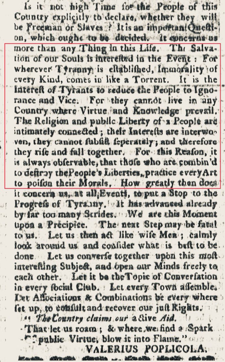 d3bach's tweet photo. 🧵 “It is the Interest of Tyrants to reduce the People to Ignorance and Vice. For they cannot live in any Country where Virtue and Knowledge prevail.” Valerius Poplicola [Samuel Adams], The Boston Gazette, and Country Journal, October 5, 1772. 🧵👇 https://t.co/4JzGICjBRi