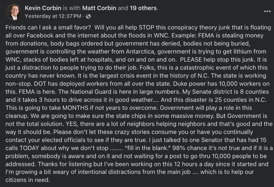 RichardHanania's tweet image. NC Republican state senator begs right-wing conspiracy theorists to stop spreading stories about things like government controlling the weather from Antarctica. 

Says politicians are overwhelmed by conspiracy theorists calling their offices in the midst of the disaster.