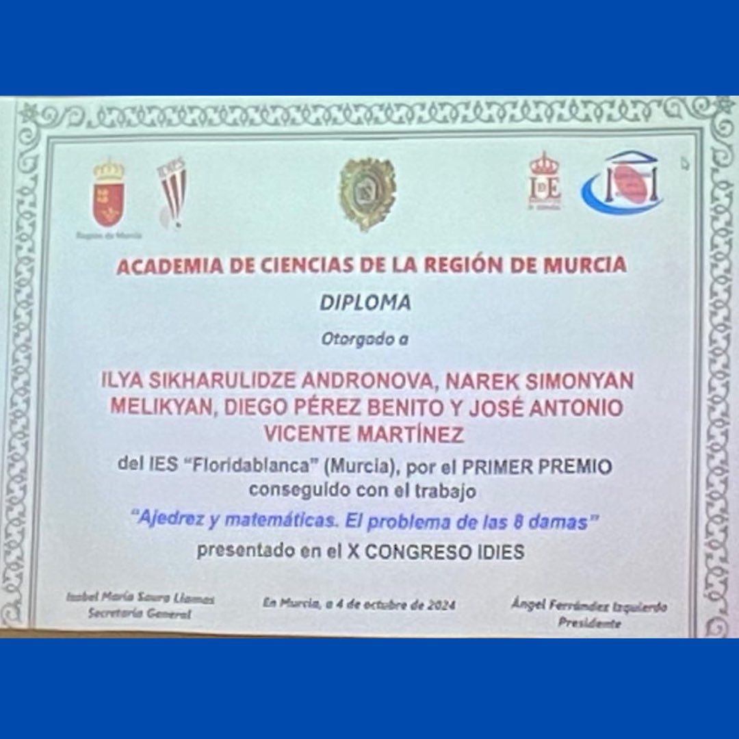 1º Premio Investigación 🥇

¡Enhorabuena a nuestros alumnos Narek, Diego, Ilya y José Antonio del Bachillerato de Investigación <a href="/iesflori/">ies floridablanca</a> ! 

Ayer asistimos a la entrega del premio otorgado por la Academia de Ciencias por su excelente trabajo de investigación.