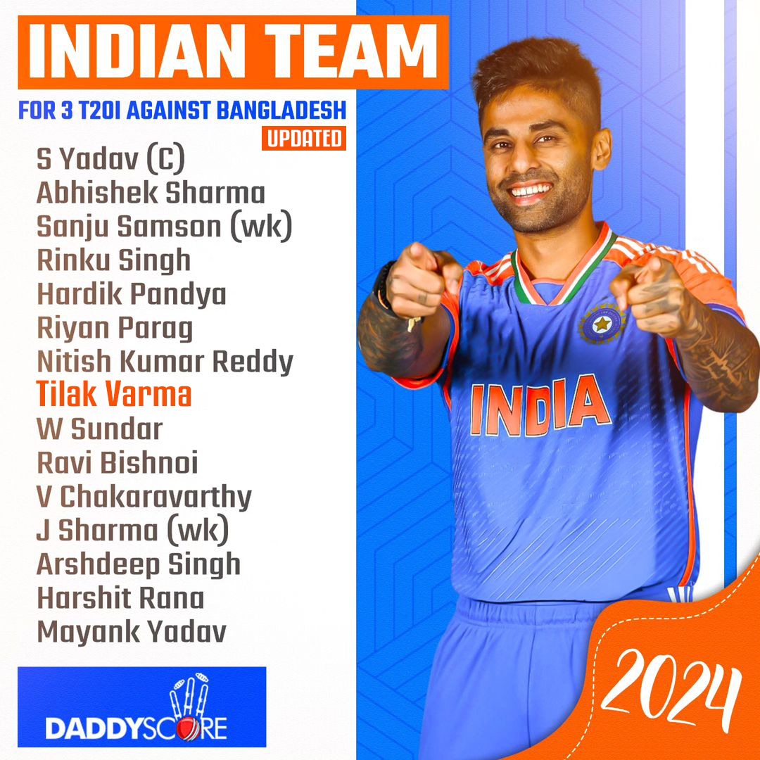CricXScore's tweet photo. ๐จ Big Breaking ๐จ
Tilak Varma in Indian T20 team ๐ฅ
Tilak replaced Dube due to injury in Bangladesh T20 series!
#INDvsBAN #T20Cricket #T20 #daddyscore https://t.co/sbONfExuAB