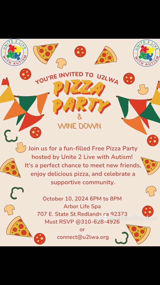 Unitewithautism's tweet photo. Join Us Thursday October 10th for our “Wine Down” Family Support Meeting, 6-8pm 
It’s Going To Be A Pizza Party! So join us and let’s Unite Together!
Please RSVP so we have enough food! 310-628-4926
#u2lwa #unite2livewithautism #everyonefits #autismawareness https://t.co/6mfuGTc2EZ