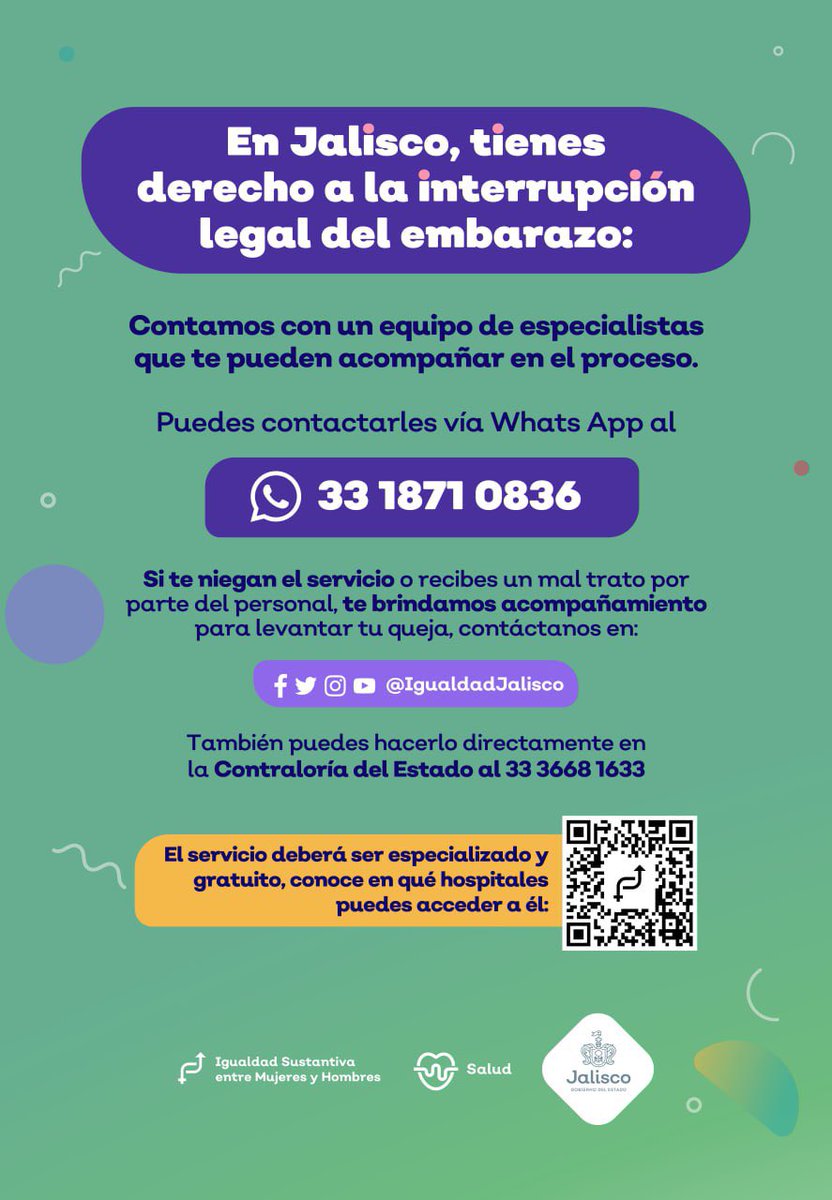 MalenaGarciaT's tweet photo. Aprovechando el momento histórico, recuerden que en Jalisco es legal el aborto y en @IgualdadJalisco podemos ofrecer el acompañamiento y gestión de aborto autogestivo o en hospital. 

Ayúdanos a difundir 💚 https://t.co/0e0yXvi0Zs