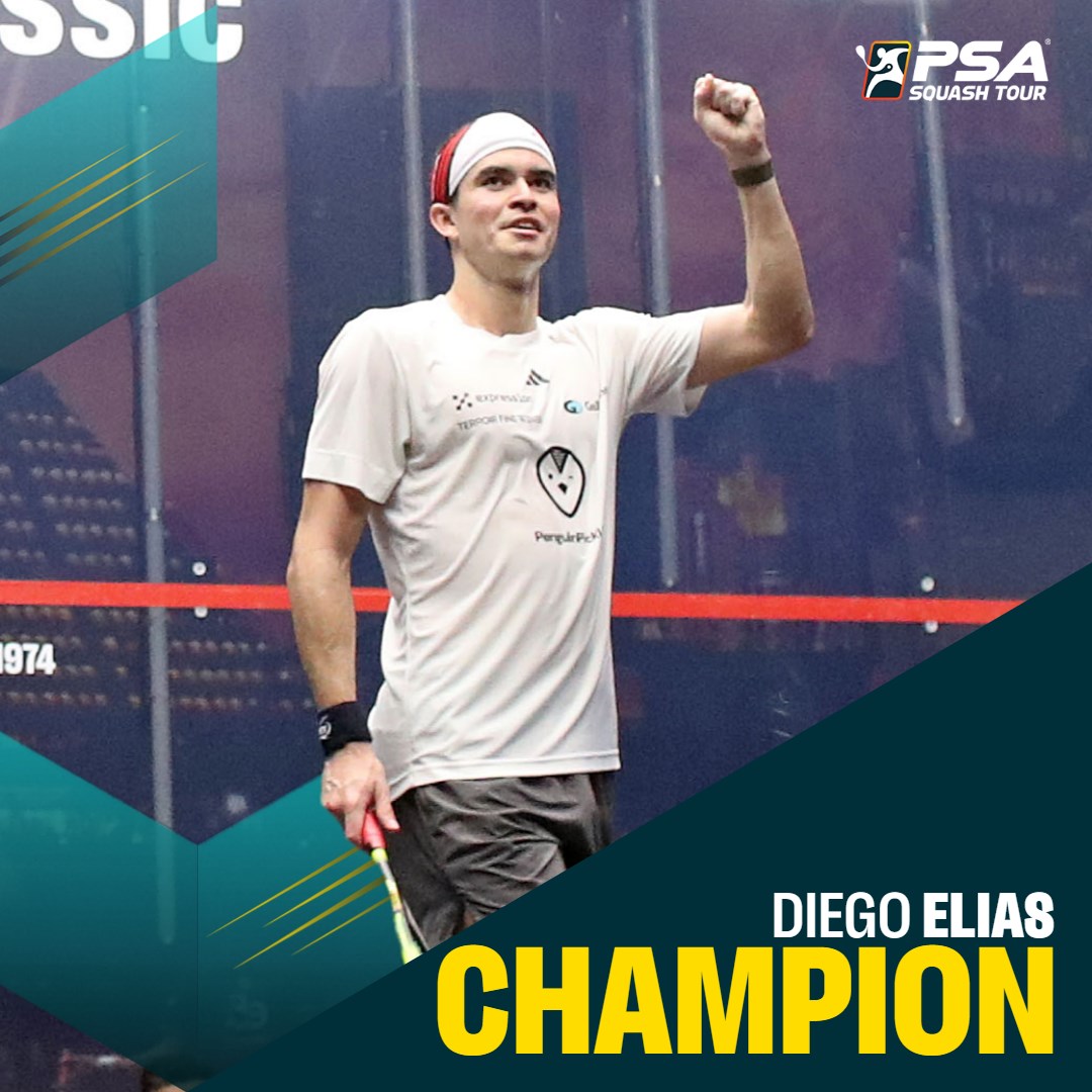 PSASquashTour's tweet photo. Another BIG performance from @diegoelias96! 🏆

The Peruvian has won the QTerminals Qatar Classic for the second time 👏

He's beaten Mostafa Asal 3-0: 12-10, 12-10, 14-12 (63m)

#QatarClassic https://t.co/aq0qvmzDao