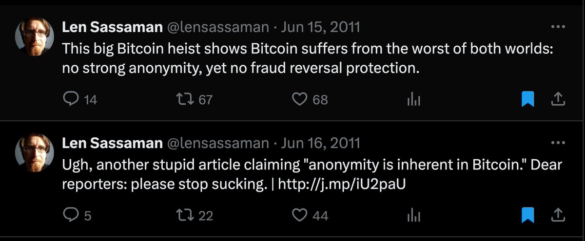 VanZornINC's tweet photo. On Len Sassaman being Satoshi #BTC

1- It sounds plausible ( especially if you've read Evan Hatch's piece on him)

2- His tweets suggest that despite Satoshi's vision of $BTC being private and anonymous,  Len realized fairly early on that Bitcoin was a failure in that regard https://t.co/4HFkiVxaob