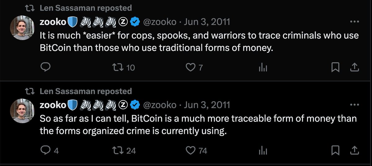 VanZornINC's tweet photo. On Len Sassaman being Satoshi #BTC

1- It sounds plausible ( especially if you've read Evan Hatch's piece on him)

2- His tweets suggest that despite Satoshi's vision of $BTC being private and anonymous,  Len realized fairly early on that Bitcoin was a failure in that regard https://t.co/4HFkiVxaob