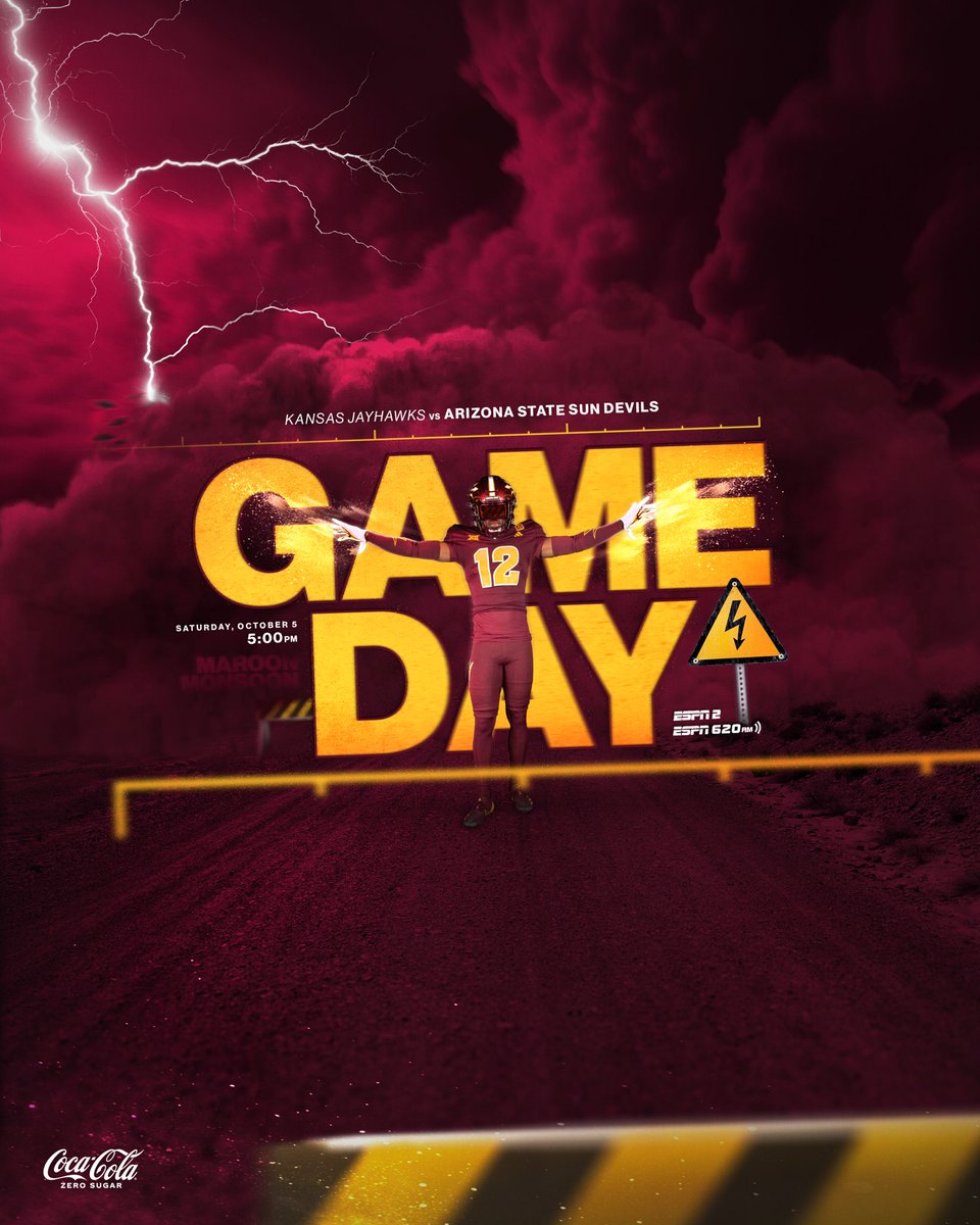 ⚠️ Monsoon Warning ⚠️

🆚: Kansas
⏰: 5:00 pm 
📍: Mountain America Stadium 
📺: ESPN 2 
🎧: ESPN 620 AM

🔗: linktr.ee/sundevilfb?utm… 

#ForksUp /// #ActivateTheValley
