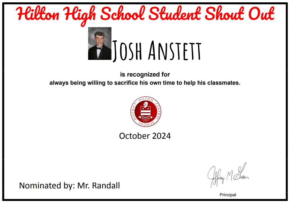 Congratulations to Josh, one of our October 2024 Students of the Month. Thank you for exemplifying our Cadet Intentional Values. Keep up the good work! #WeAreHilton