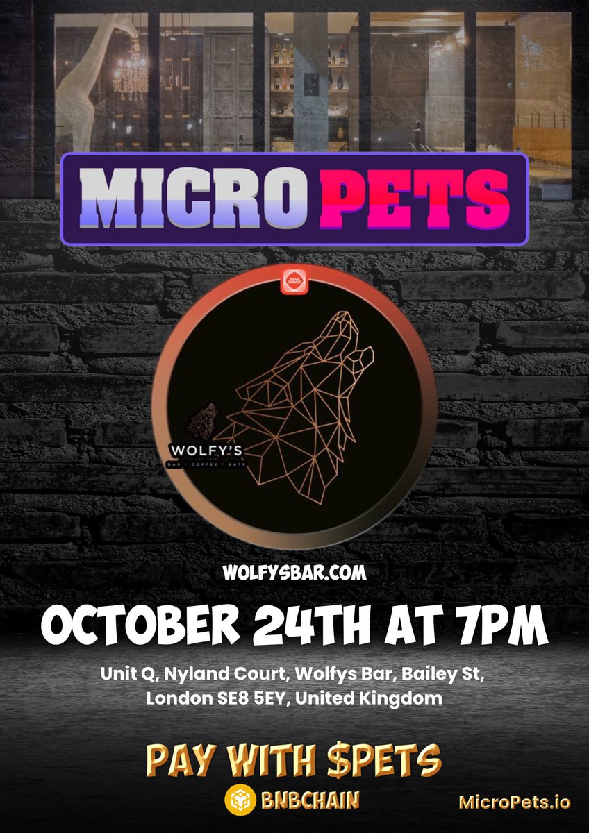 MicroPets_io's tweet image. MicroPets is thrilled to team up with @WolfysBar for an exclusive IRL Meet-Up in London! 🎉

Join us at Wolfys Bar on October 24th at 7 PM UK Time as we celebrate a massive milestone— Wolfys Bar will be accepting $PETS token as a form of payment! 🐾💳

This is a significant step…