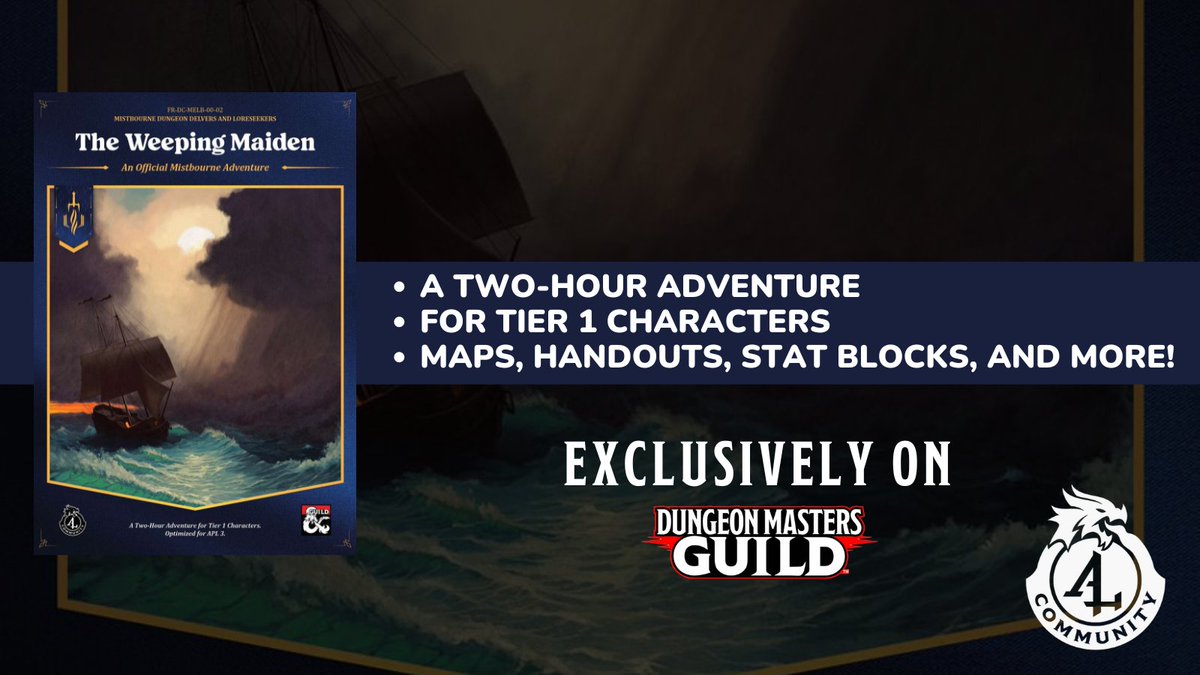 dms_guild's tweet image. The remote fishing village of Deepshore has fallen afoul of an old, powerful curse.

The Weeping Maiden is a 2-Hour Adventure for Tier 1 Characters.
Get it here: tinyurl.com/2p9v5cpk

#dnd5e #dungeonsanddragons