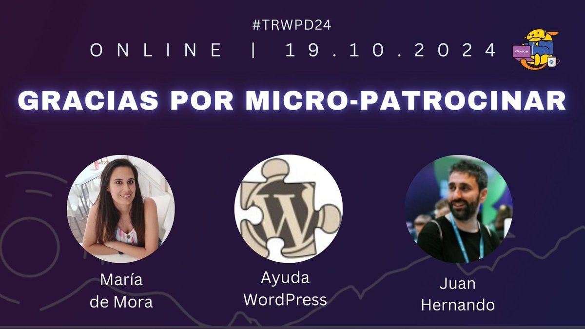 Gracias a Maria de Mora, <a href="/ayudawp/">Ayuda WordPress</a> y <a href="/ciudadanoB/">Juan Hernando</a> por su micropatrocinio. ¡Nos vemos!

<a href="/alexcuadr4/">$alexCuadra 🇳🇮</a> <a href="/lidivanarroyo/">Lidia Arroyo</a> <a href="/AngelZinsel/">Angel Zinsel</a> <a href="/juansegui/">Juan Seguí Moreno</a> <a href="/acceseo/">acceseo</a> <a href="/JosVelasco/">Jos Velasco 🏔</a> <a href="/JavierCasares/">Javier Casares</a> <a href="/visanju/">Vicent Sanchis</a> <a href="/sammy_arburola/">Sammy</a> <a href="/AlexanderJRuizA/">Alex Ruiz</a> <a href="/JulesCesarMx/">Julio Cesar Godinez</a> <a href="/PotenciaPro/">Potencia Pro</a> <a href="/LucusHost/">LucusHost</a> #TRWPD24 <a href="/lmcliment/">Luis Miguel Climent</a>