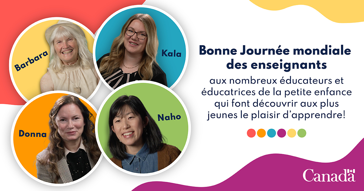 EDSC_GC's tweet photo. Nous remercions le personnel éducatif du Canada pour son travail auprès de nos jeunes enfants. 🙏
Découvrez les lauréates des #PrixDuPM pour l’excellence en éducation de la petite enfance : https://t.co/huhpjgQvQ2
#JournéeMondialeDesEnseignants #Apprentissage #GardeDEnfants https://t.co/B694wuV46o