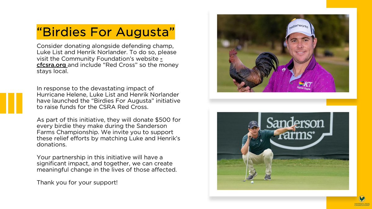 Ryan_Mahoney's tweet photo. The boys (Luke List &amp; Henrik Norlander) are playing the weekend at Sanderson Farm, which means more “Birdies for Augusta.” It’s not too late to chip in and support our local @RedCross as they help the community recover from #HurricaneHelene. https://t.co/FbCeKpbXiQ