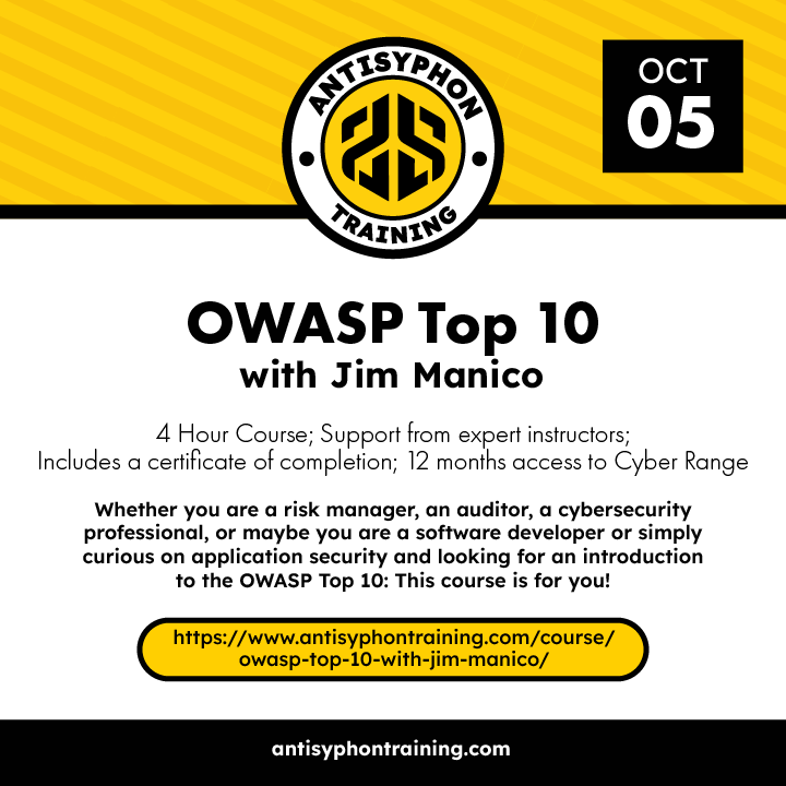 BHinfoSecurity's tweet photo. Day 279 of 366 Days of Cyber!

Learn OWASTP top 10 with Antisyphon and Secure Ideas -- https://t.co/rLDHbBGEcE

If you'd like more helpful educational content, check out the Infosec Survival Guide: Second Volume -- https://t.co/eK8zlhe0ch https://t.co/koPBhAlvLi