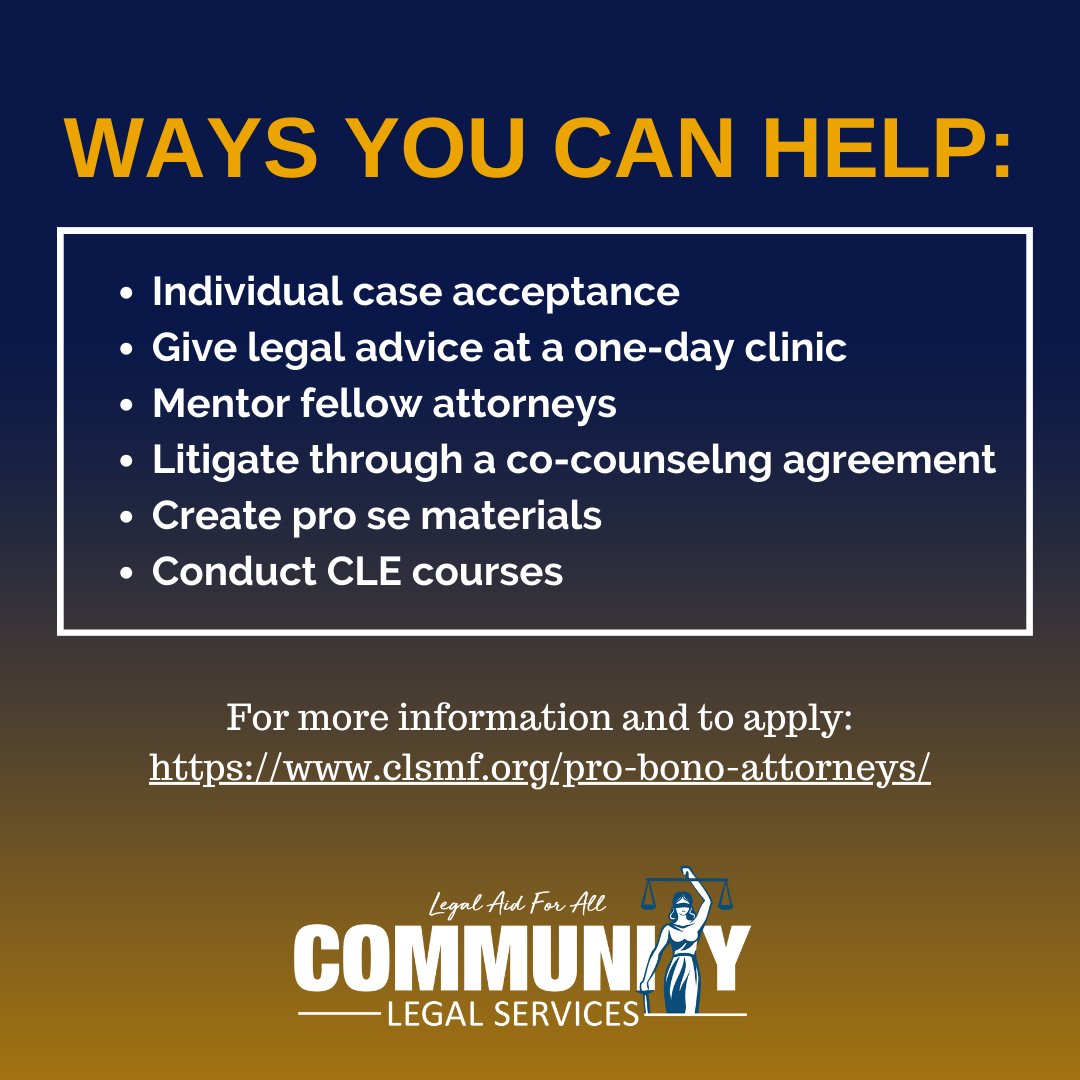 clsmf's tweet image. With the help of pro bono partners, we have been able to serve the most vulnerable in our community.
We need volunteers for our clinics! We are hosting virtual and in-person clinics.
bit.ly/39Q1LJU 

#VirtualClinics #ProBono #CLS #LegalServices