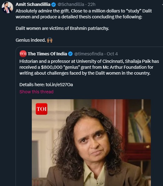 Savarna liberals love Amit Varma who's "Seen &amp; Unseen" podcast. Its a beautiful curation of savarna cultural icons-- like Amit Schandillia, who has such nice nice things to say about Prof Shailaja Paik.

PS. I know podcast/media platforms arent responsible for their guests-- but