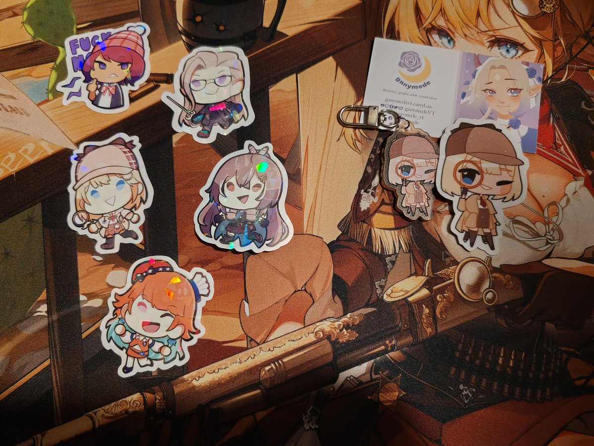 More holostuff from <a href="/ganymedeVT/">ganymede 🌹🌙 inactive</a> (right) and <a href="/oshirosaaan/">emi 🌸</a> (left). Went out to get stickers and an Ame keychain. (Thank you for your wonderful art! 💛🧡)